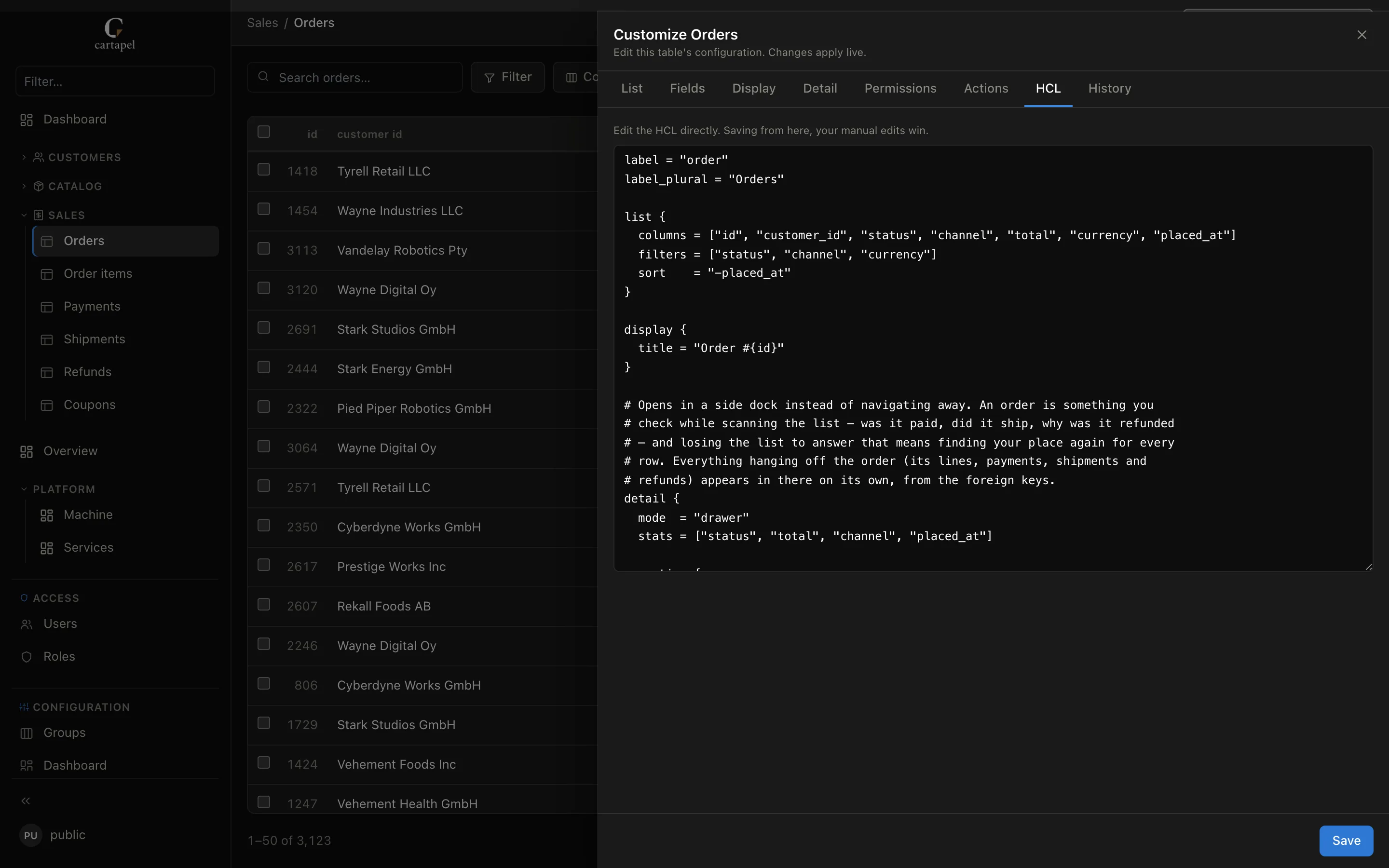 The Customize drawer in cartapel with the HCL tab open, showing the screen.hcl the visual editor writes